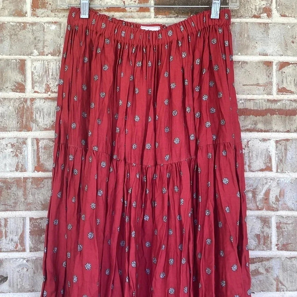 Canadian River Originals Red Vintage Border Gathered Print Maxi Skirt - Picture 3 of 6
